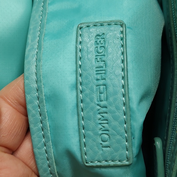 Vintage Tommy Hilfiger Straw & Cloth Handbag Turquoise Blue and Soft Tan - Picture 10 of 16